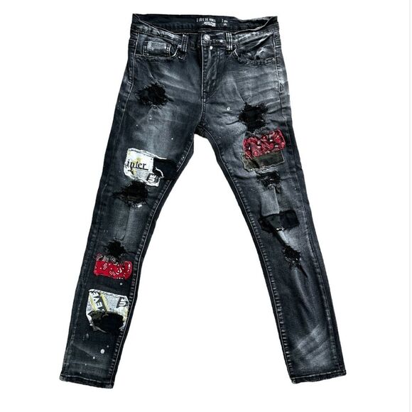 Cote De Nuits Mens Distressed Shredded Pants Patchwork Jeans Designer - Picture 2 of 12